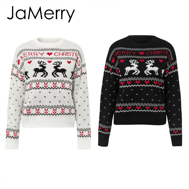 Chic Vintage Christmas Sweater for Women - Deer Print Knitted Pullover
