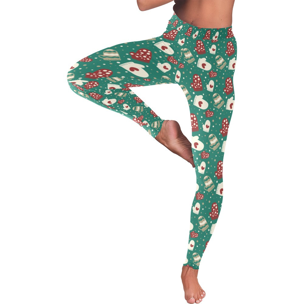Festive Green Christmas Mittens All-Over Leggings for Women