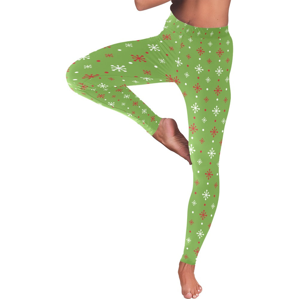 Festive Green Christmas Stars Women's All-Over Low Rise Leggings