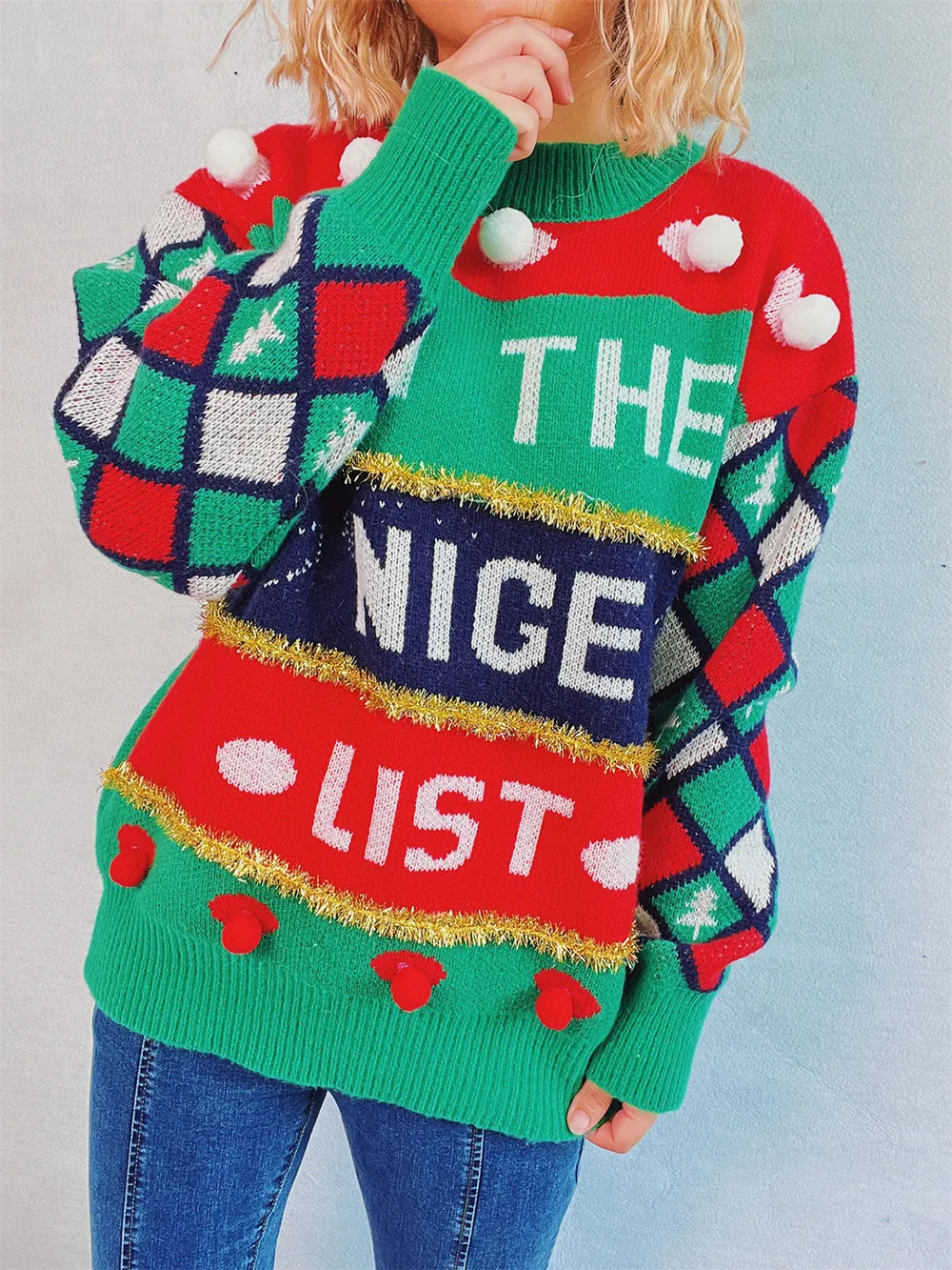 Festive Pom-Pom Contrast Long Sleeve Sweater