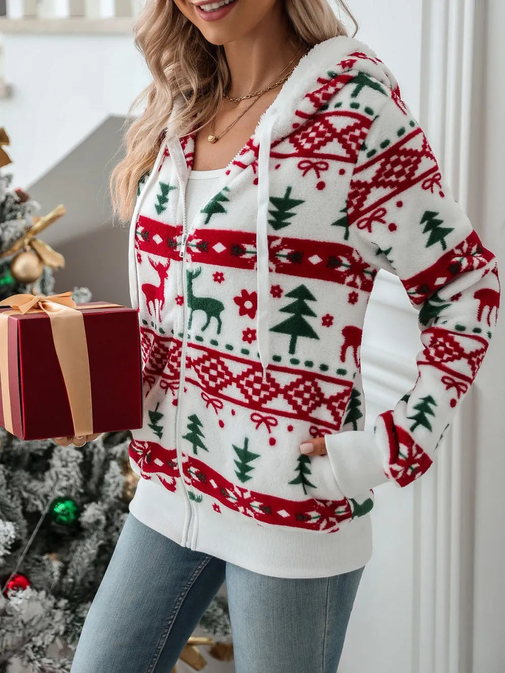 Playful Christmas Giraffe Zip Up Hoodie