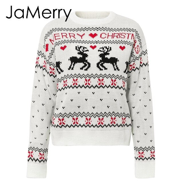 Chic Vintage Christmas Sweater for Women - Deer Print Knitted Pullover