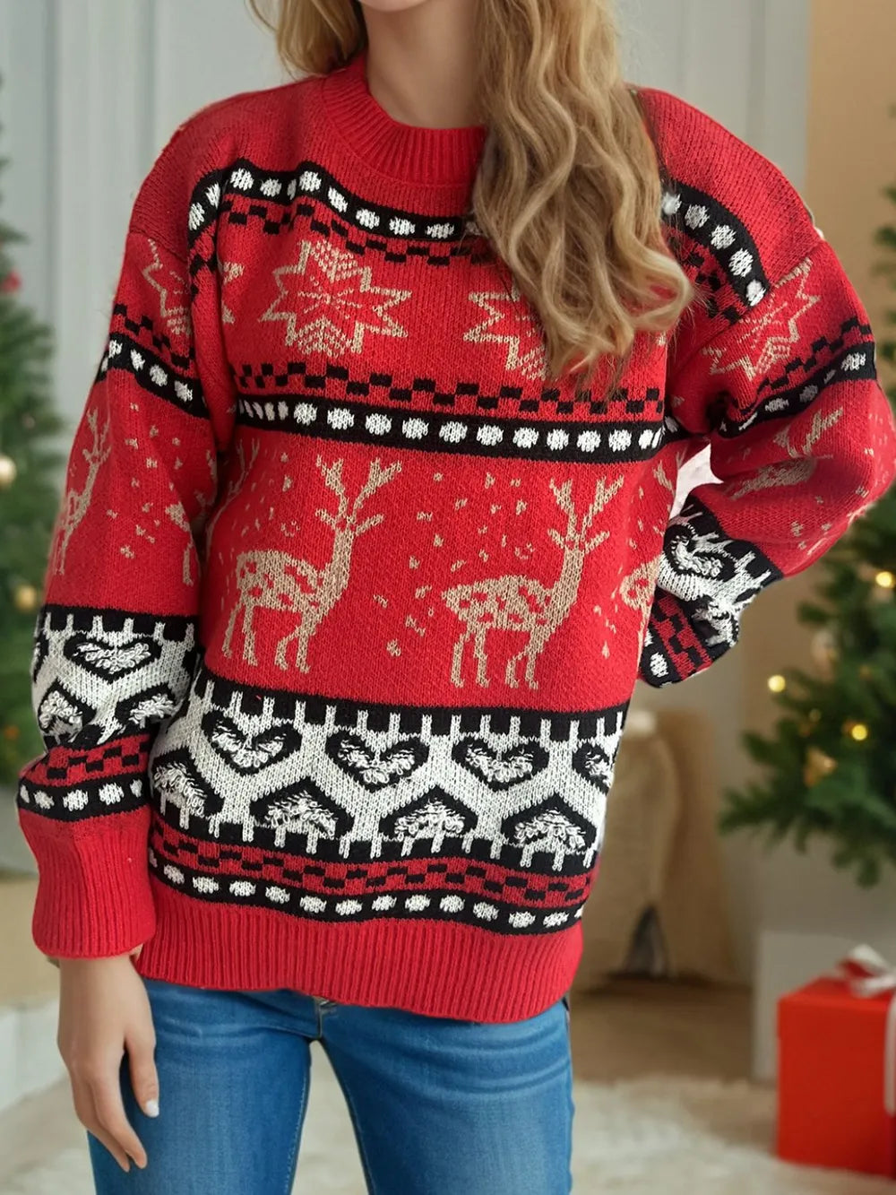 Festive Christmas Round Neck Long Sleeve Sweater