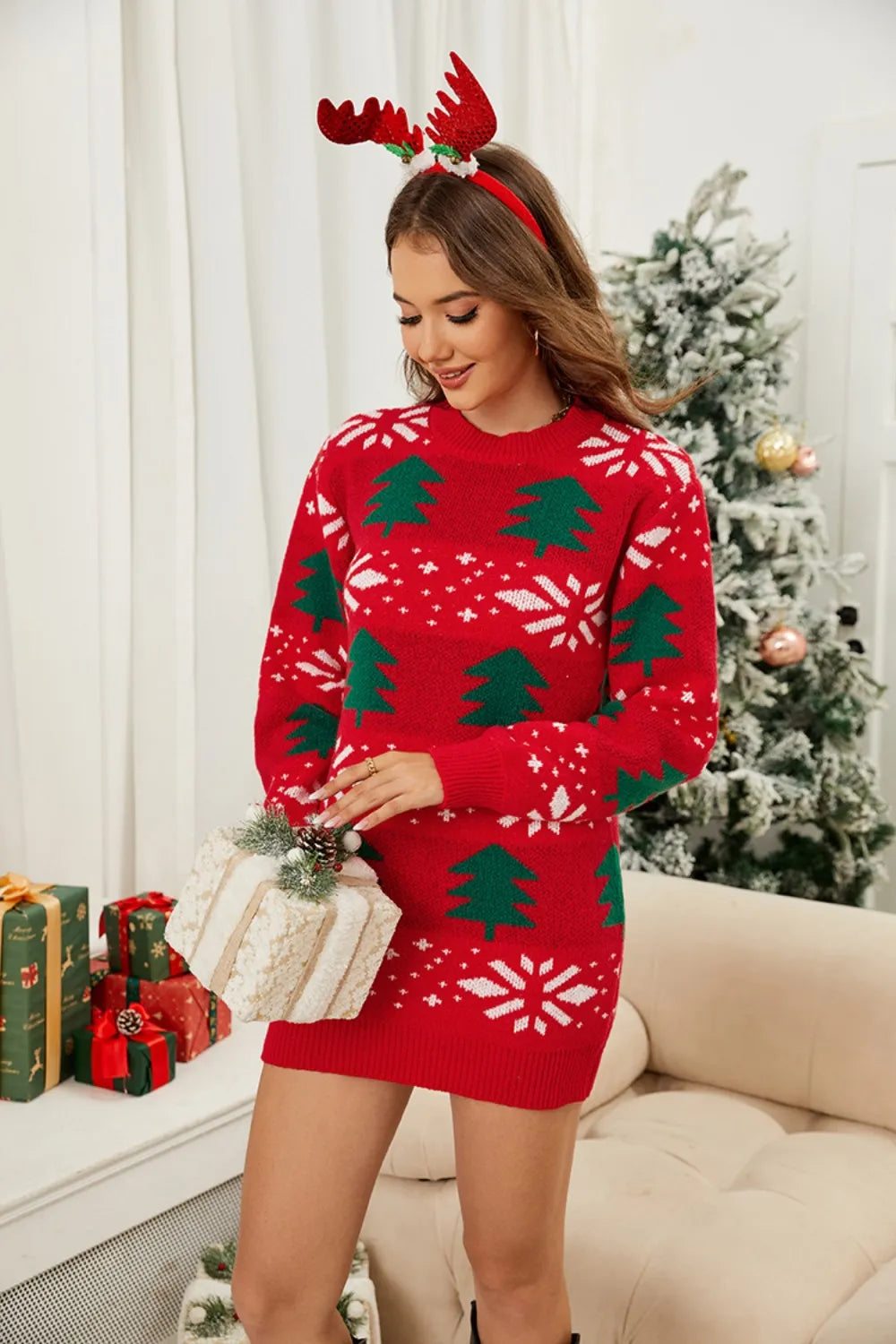 Festive Christmas Tree Round Neck Sweater Dress