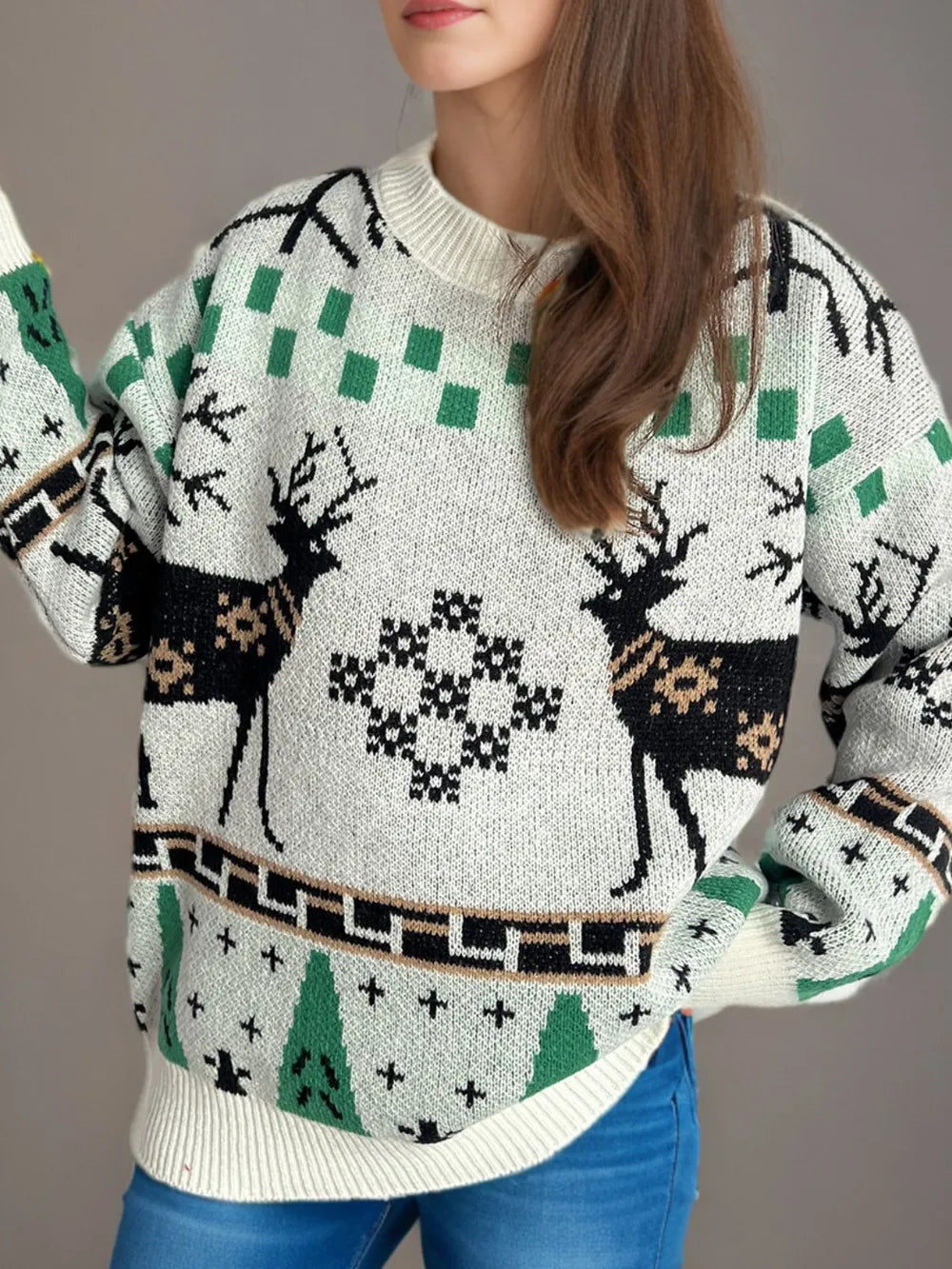 Festive Christmas Element Round Neck Long Sleeve Sweater