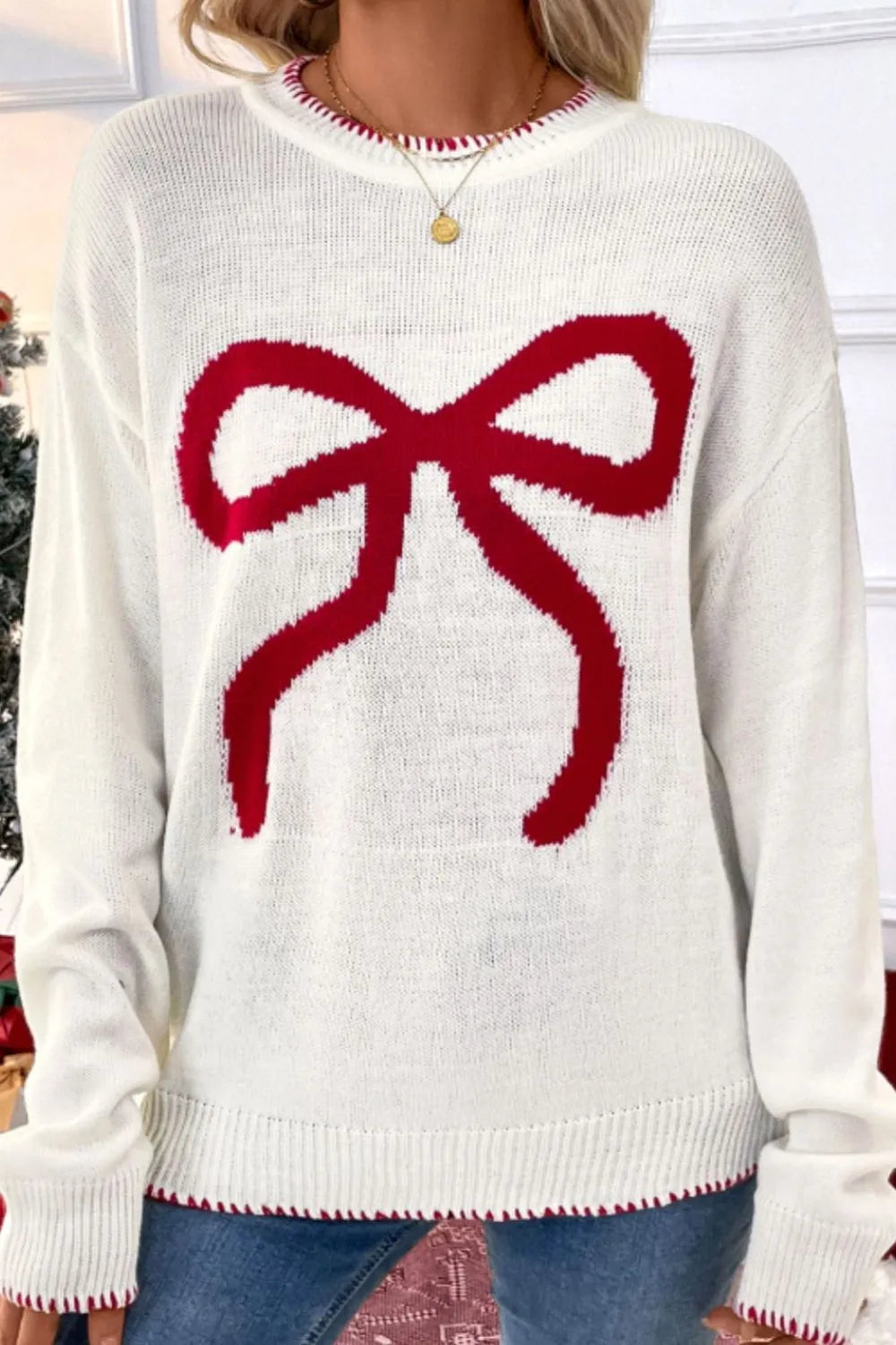Cozy Christmas Ribbon Bow Sweater for Women
