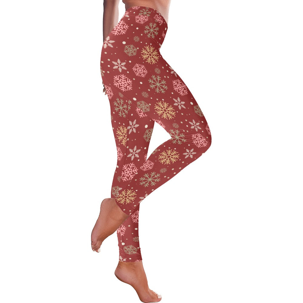 Maroon Snowflakes Christmas Women's All-Over Low Rise Leggings