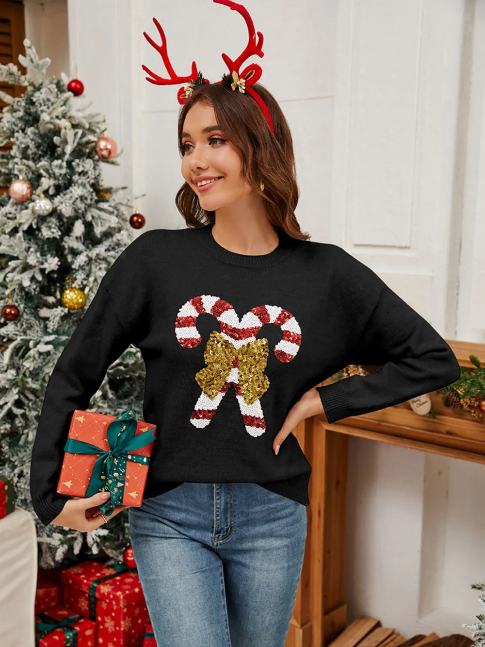 Sequin Candy Cane Long Sleeve Sweater
