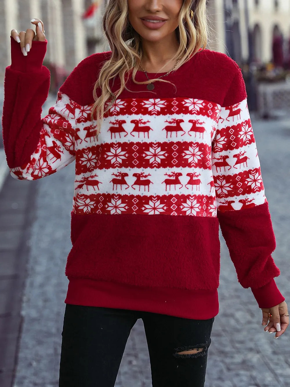 Festive Christmas Element Round Neck Long Sleeve Sweatshirt
