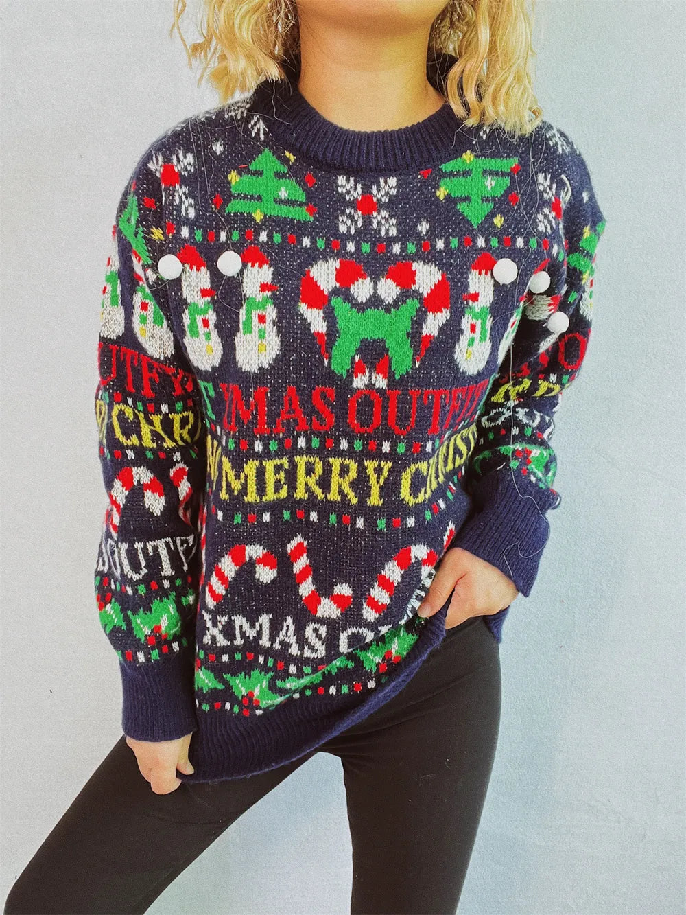 Merry Christmas Pattern Round Neck Long Sleeve Sweater