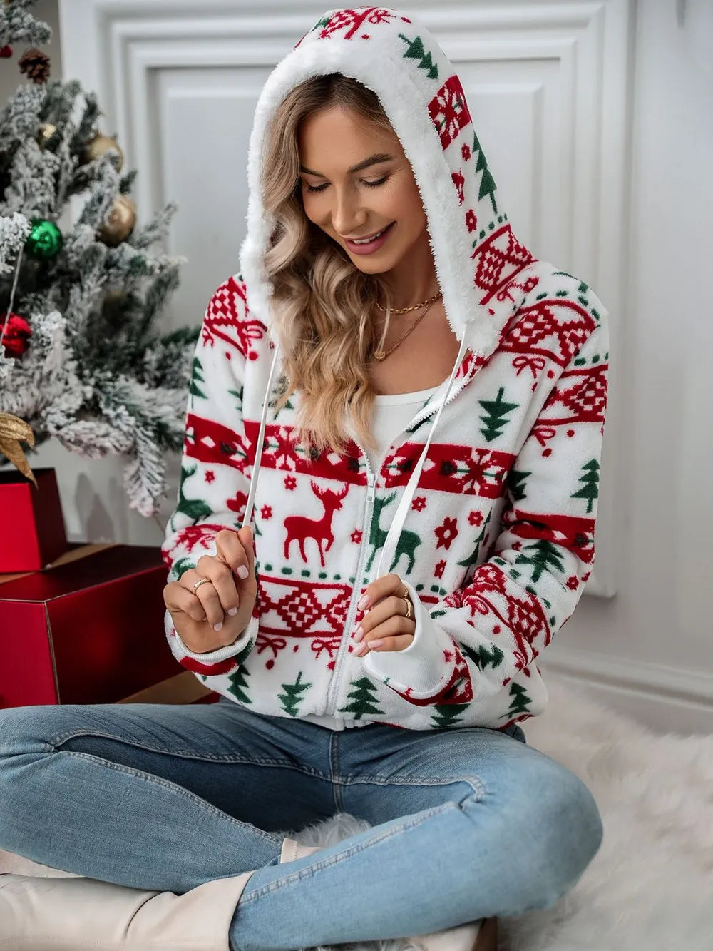 Playful Christmas Giraffe Zip Up Hoodie
