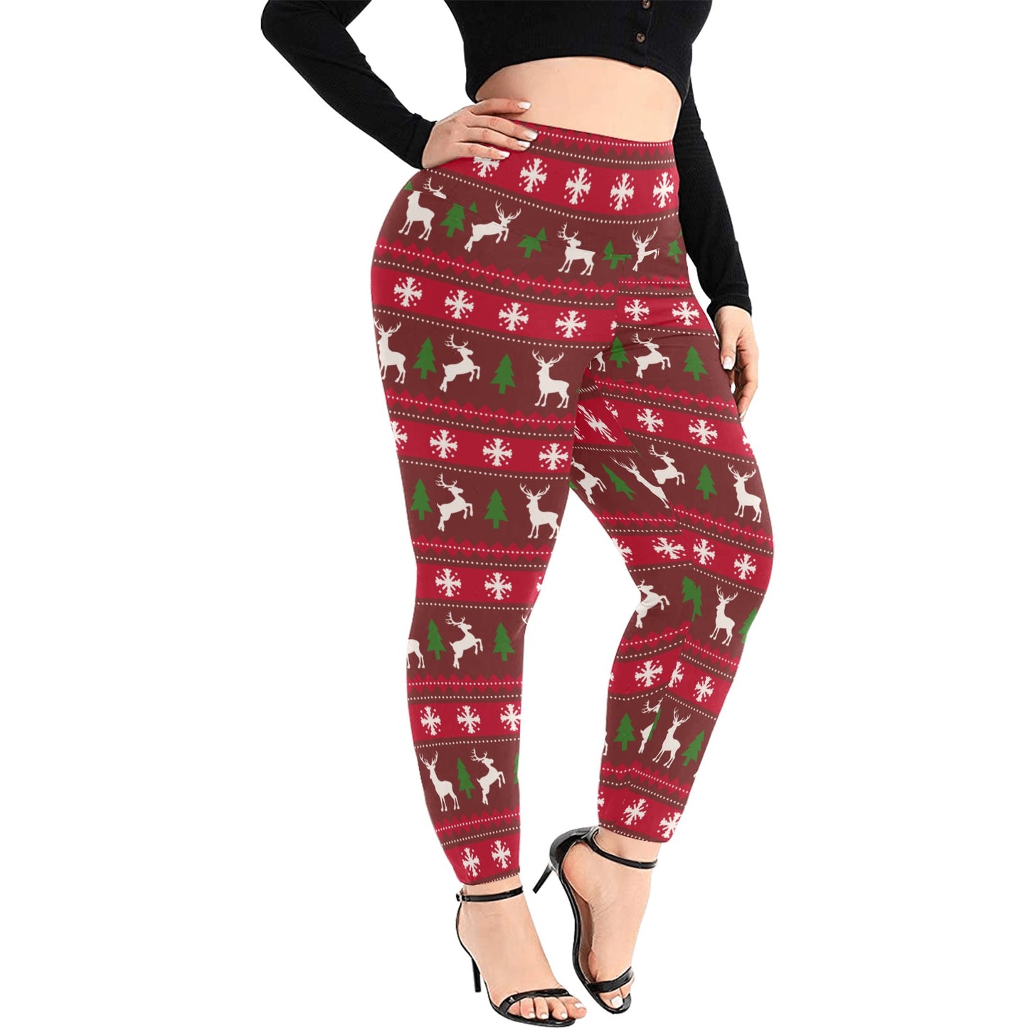 Festive Red Deer High Waist Christmas Leggings (Plus Size)