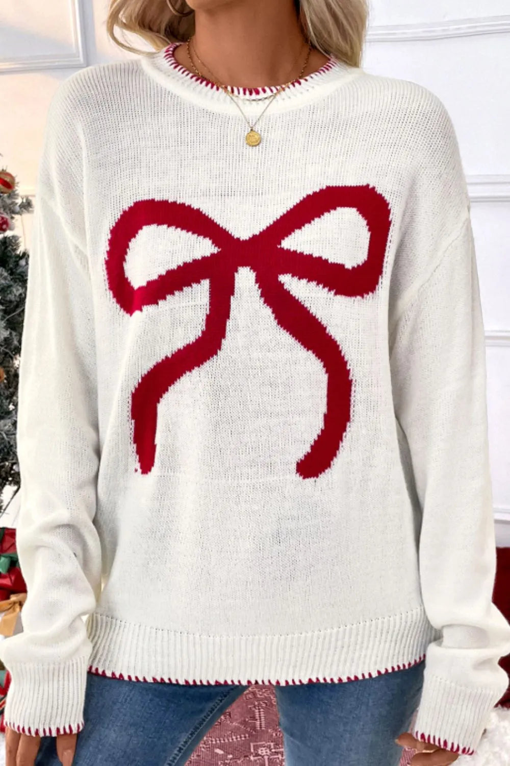 Cozy Christmas Ribbon Bow Sweater for Women