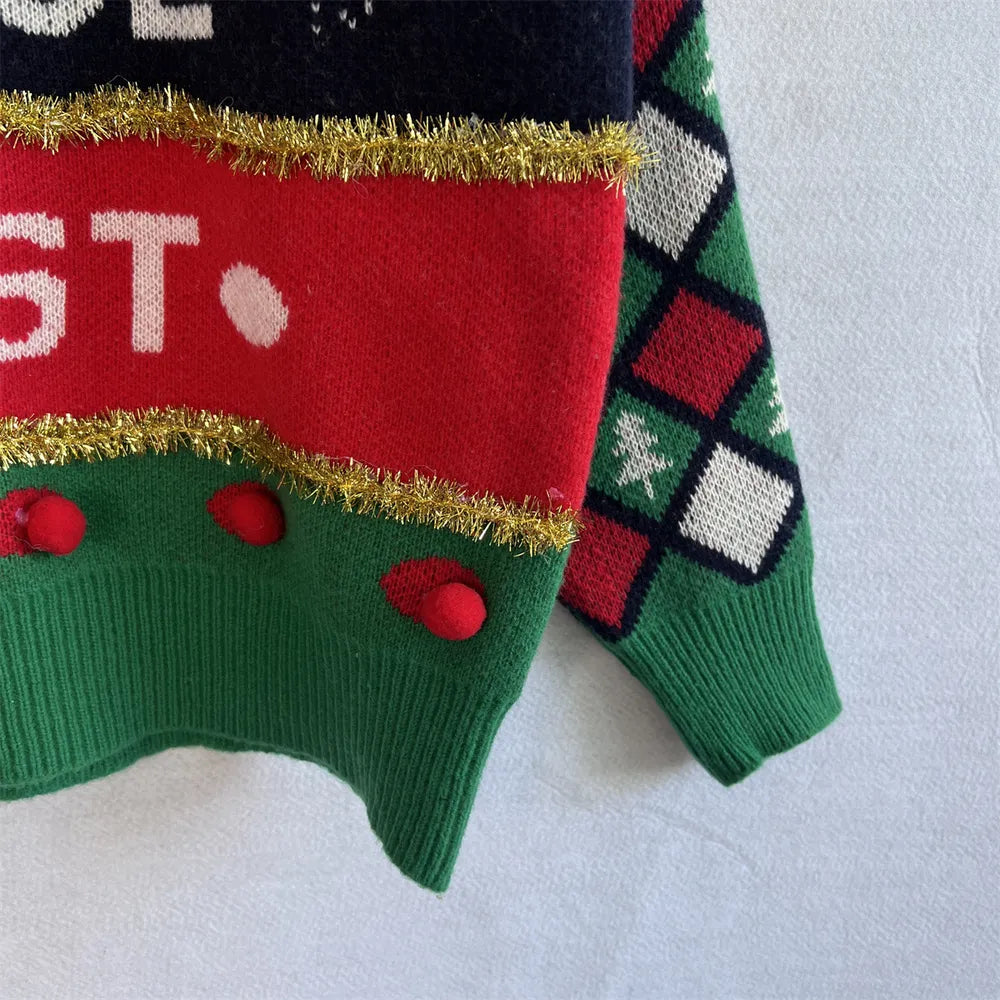 Festive Pom-Pom Contrast Long Sleeve Sweater