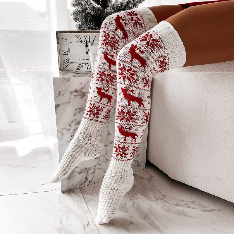 Festive Elk Red/White Christmas Knitted Knee-High Socks