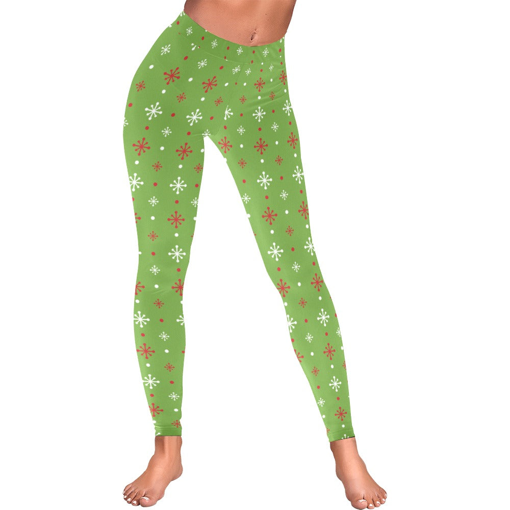 Festive Green Christmas Stars Women's All-Over Low Rise Leggings