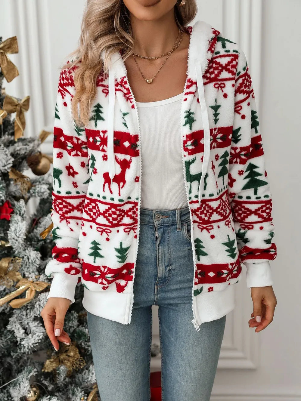 Playful Christmas Giraffe Zip Up Hoodie