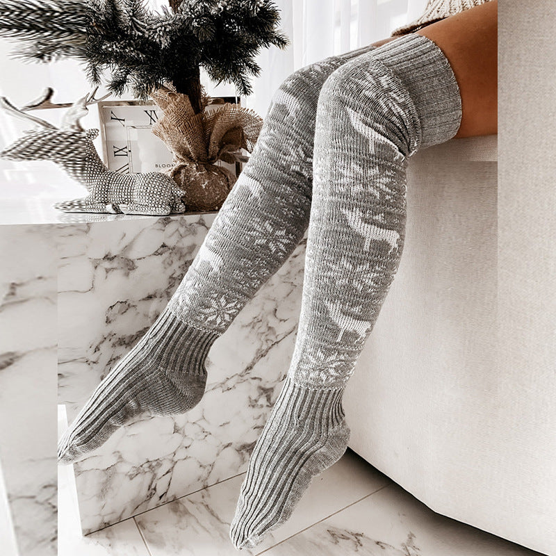 Festive Elk Red/White Christmas Knitted Knee-High Socks