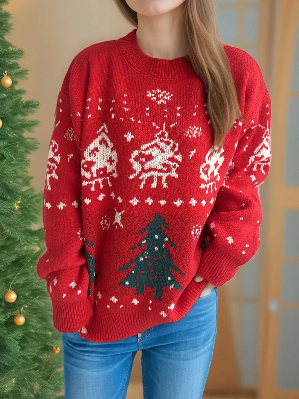 Festive Christmas Element Round Neck Long Sleeve Sweater