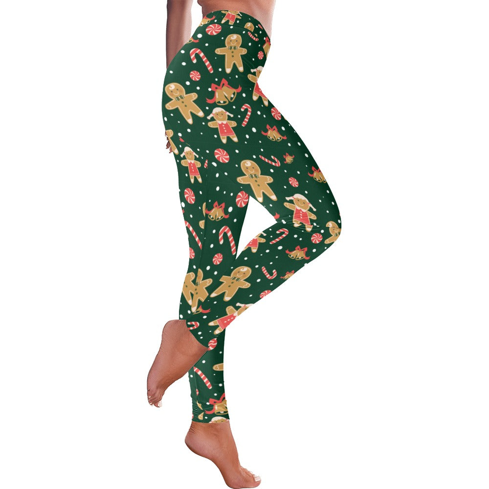 Festive Green Gingerbread Christmas Leggings for Women