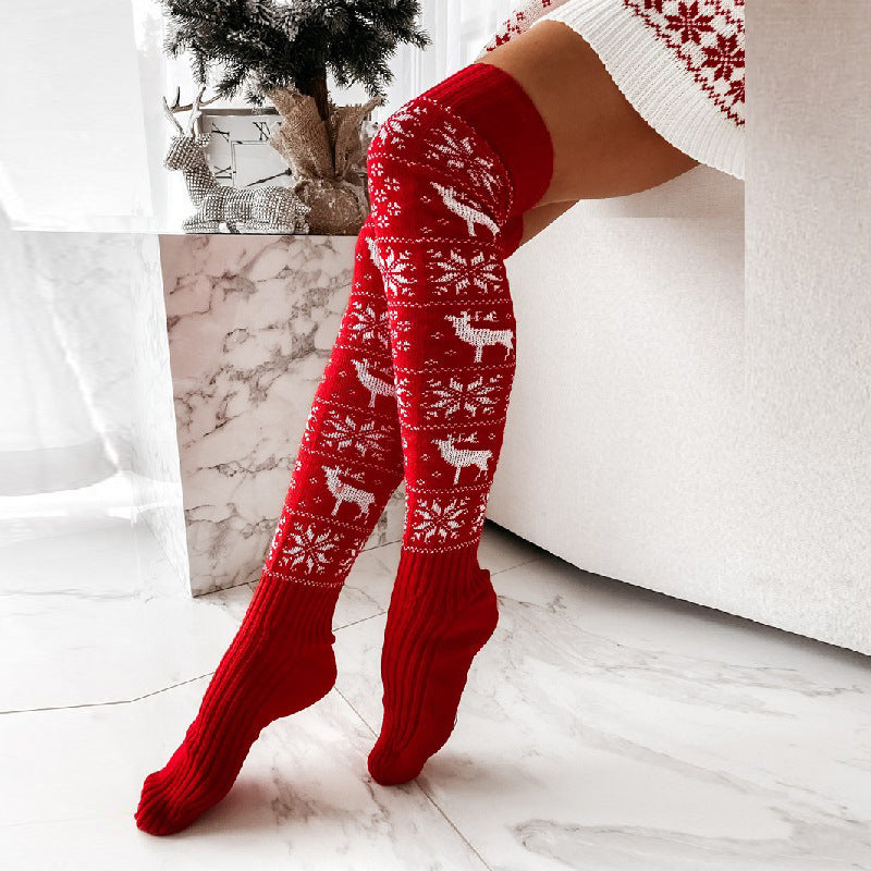 Festive Elk Red/White Christmas Knitted Knee-High Socks