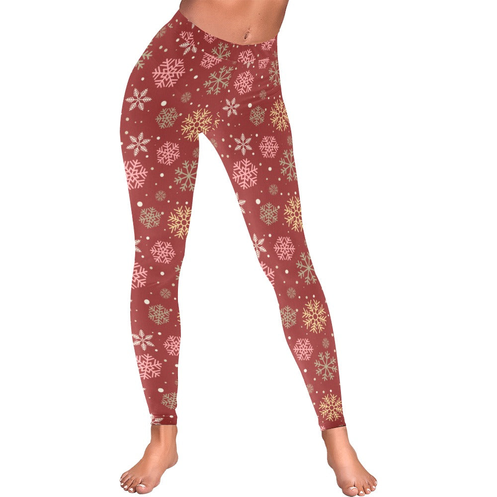 Maroon Snowflakes Christmas Women's All-Over Low Rise Leggings