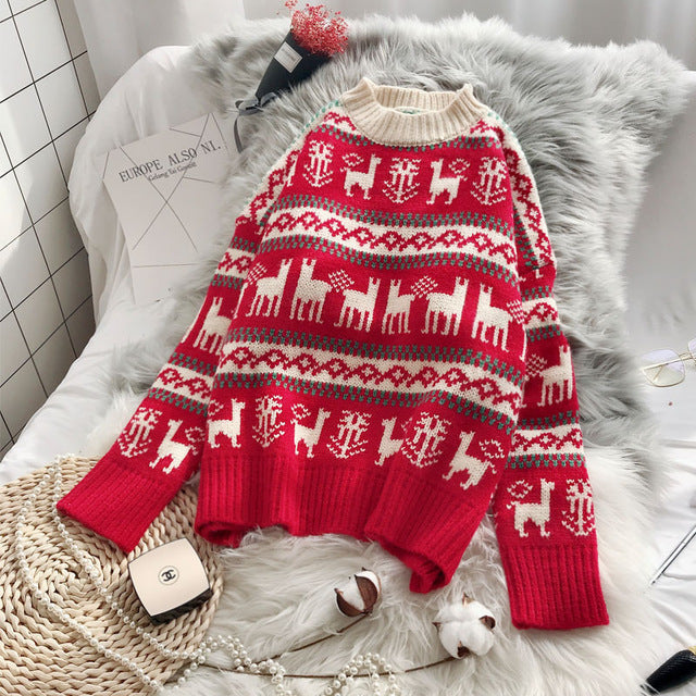 Playful Women's Christmas Sweater - Cozy Harajuku O-Neck Pullover