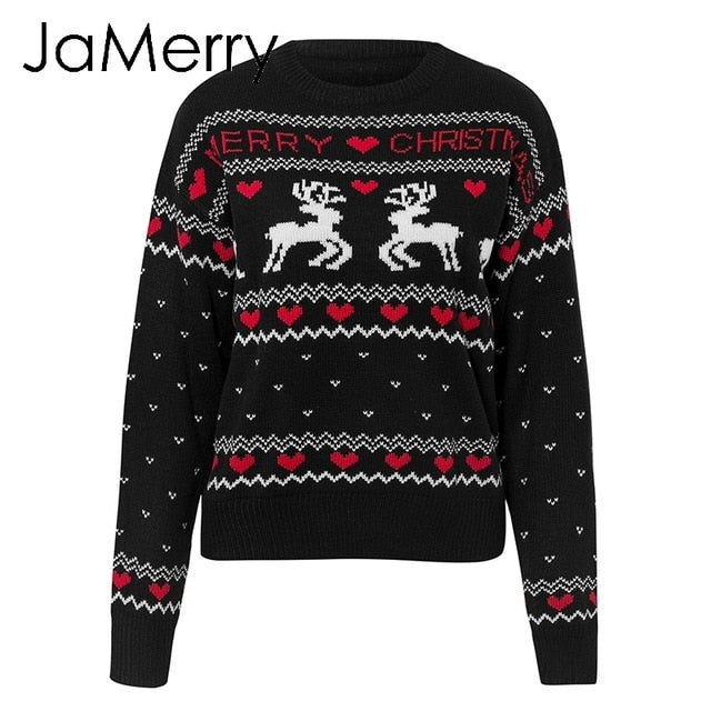 Chic Vintage Christmas Sweater for Women - Deer Print Knitted Pullover