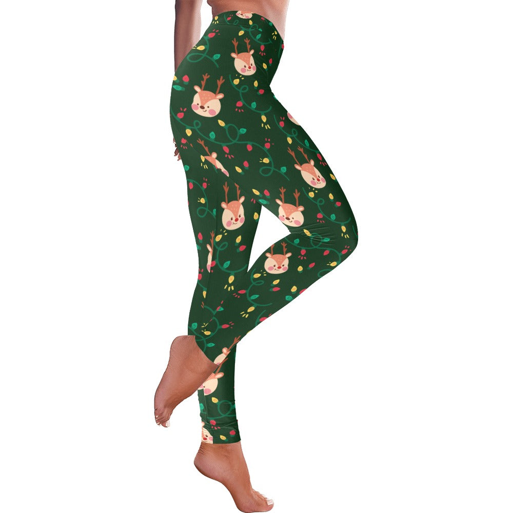 Green Reindeer & Lights Christmas Women's Leggings