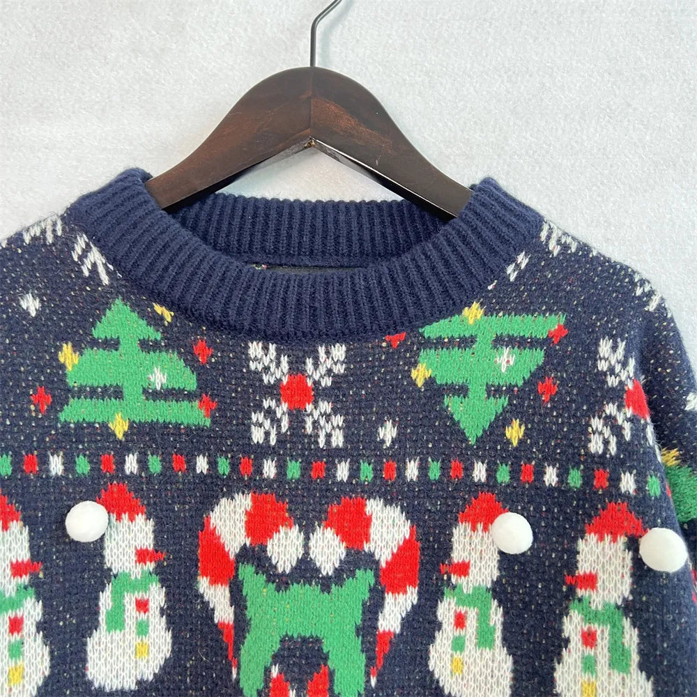 Merry Christmas Pattern Round Neck Long Sleeve Sweater