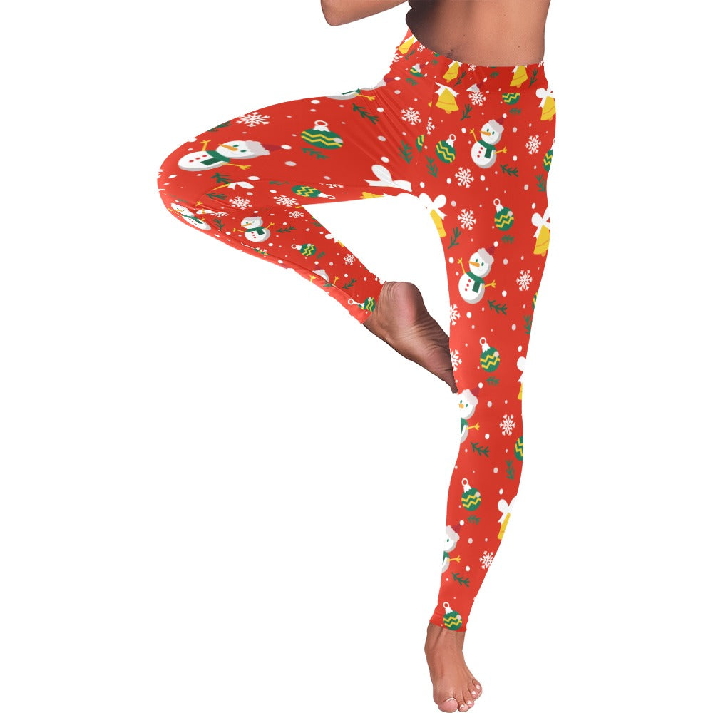 Festive Red Snowman & Snowflake Christmas Leggings