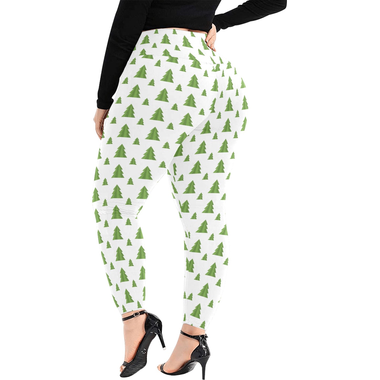 Festive White Green Christmas Trees High Waist Leggings (Plus Size)
