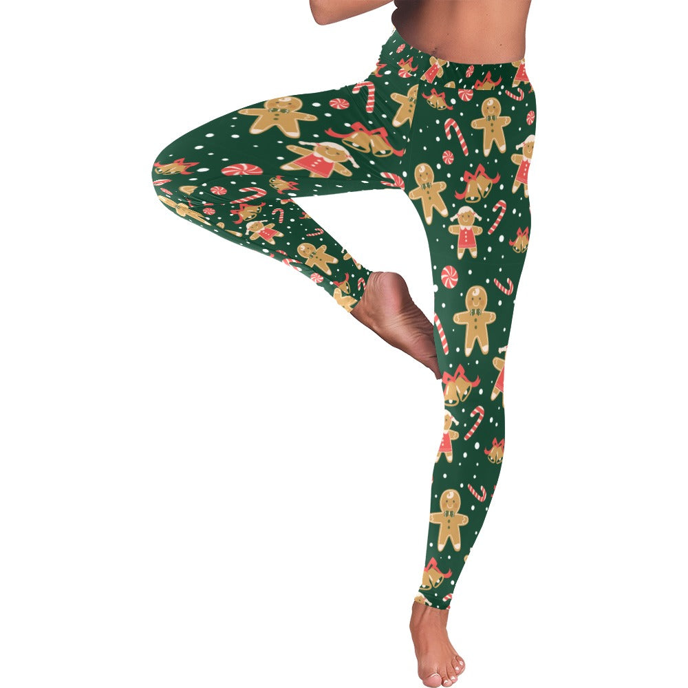 Festive Green Gingerbread Christmas Leggings for Women