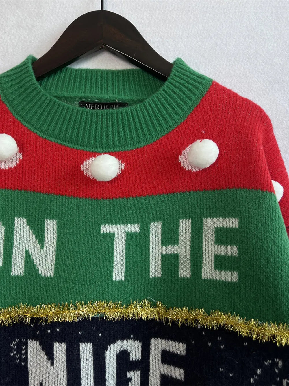 Festive Pom-Pom Contrast Long Sleeve Sweater