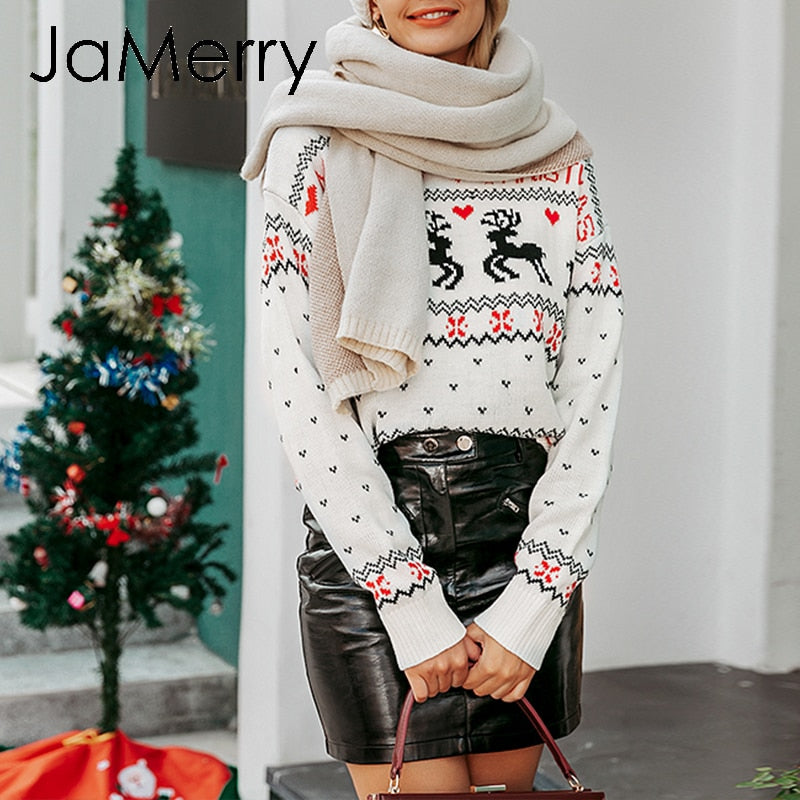 Chic Vintage Christmas Sweater for Women - Deer Print Knitted Pullover