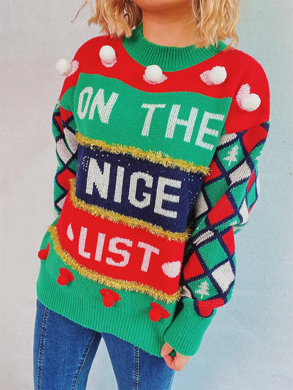 Festive Pom-Pom Contrast Long Sleeve Sweater