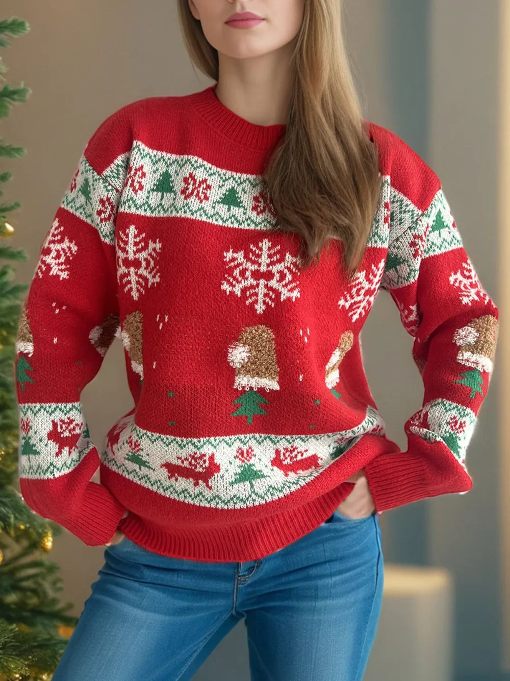Festive Christmas Element Round Neck Long Sleeve Sweater