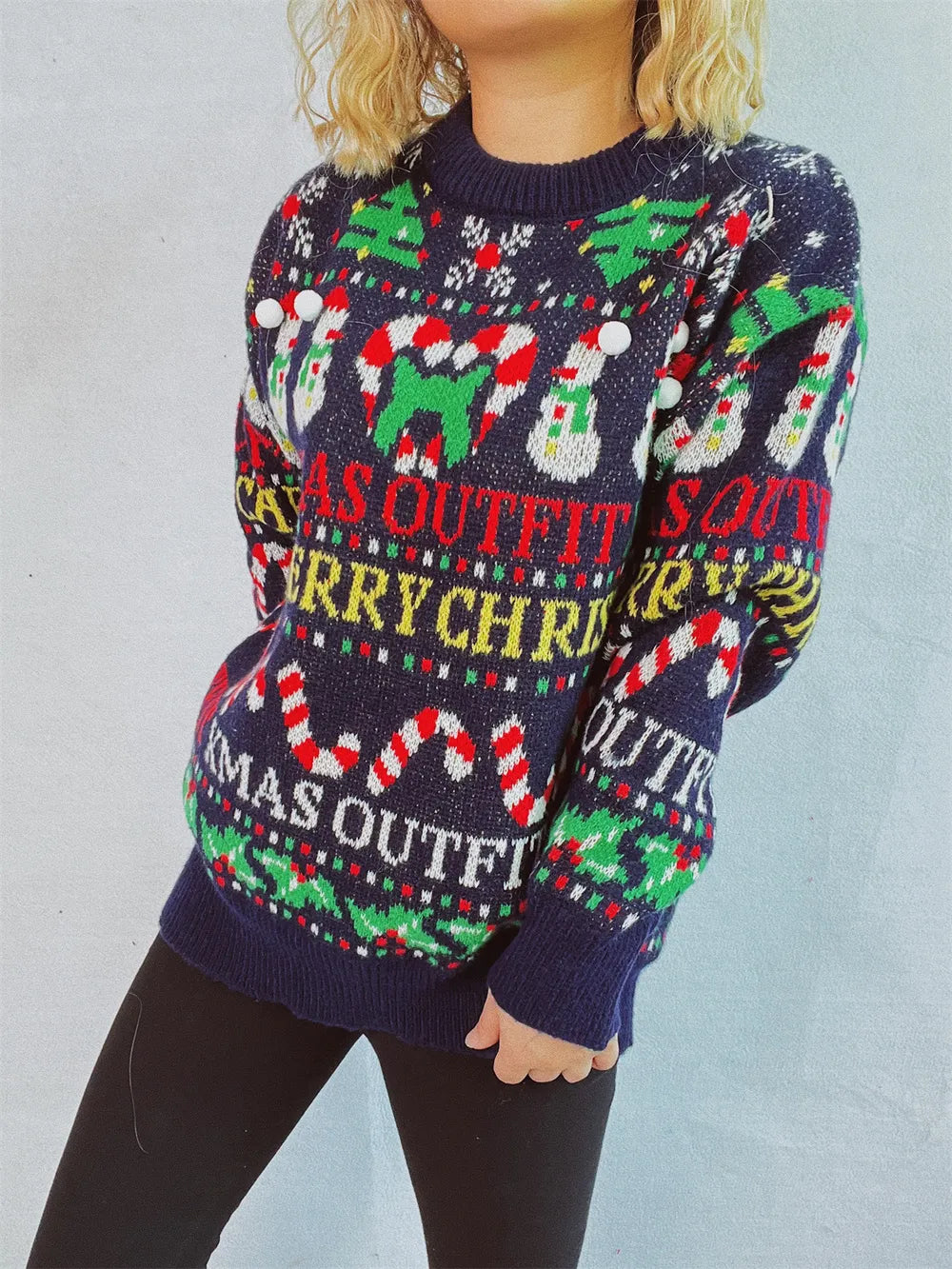 Merry Christmas Pattern Round Neck Long Sleeve Sweater