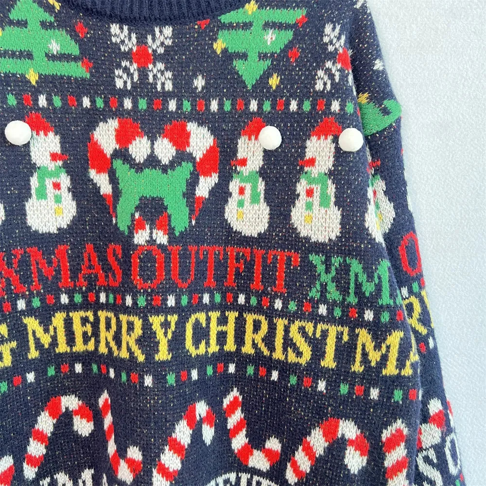 Merry Christmas Pattern Round Neck Long Sleeve Sweater