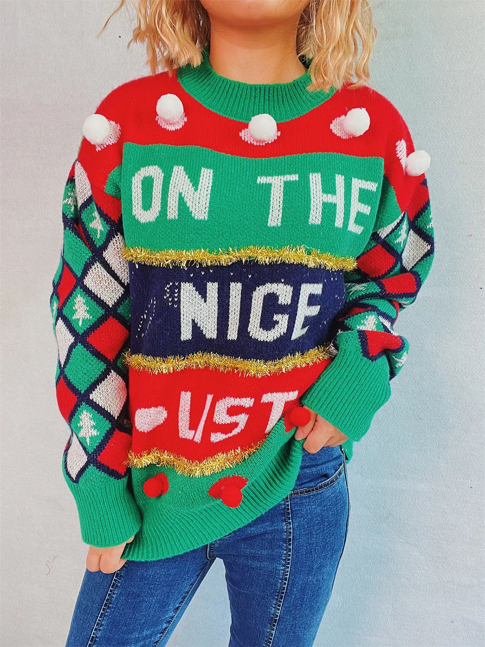 Festive Pom-Pom Contrast Long Sleeve Sweater