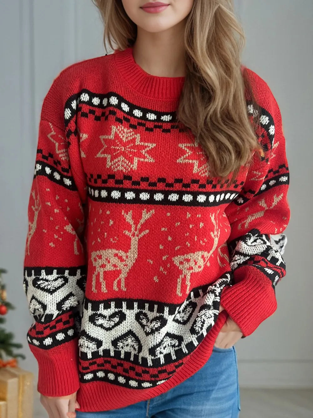 Festive Christmas Round Neck Long Sleeve Sweater