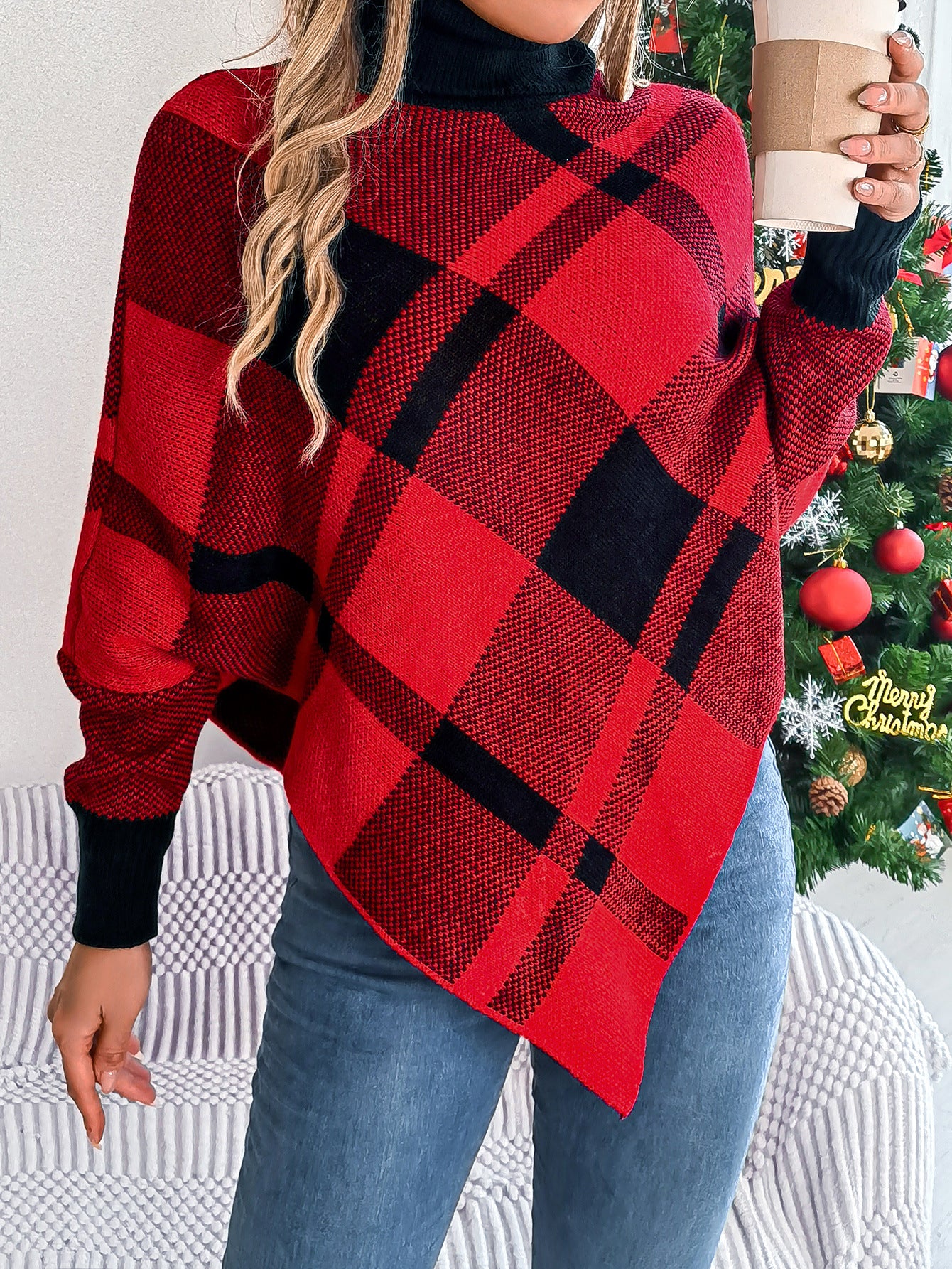 Playful Christmas Contrast Color Cape Sweater