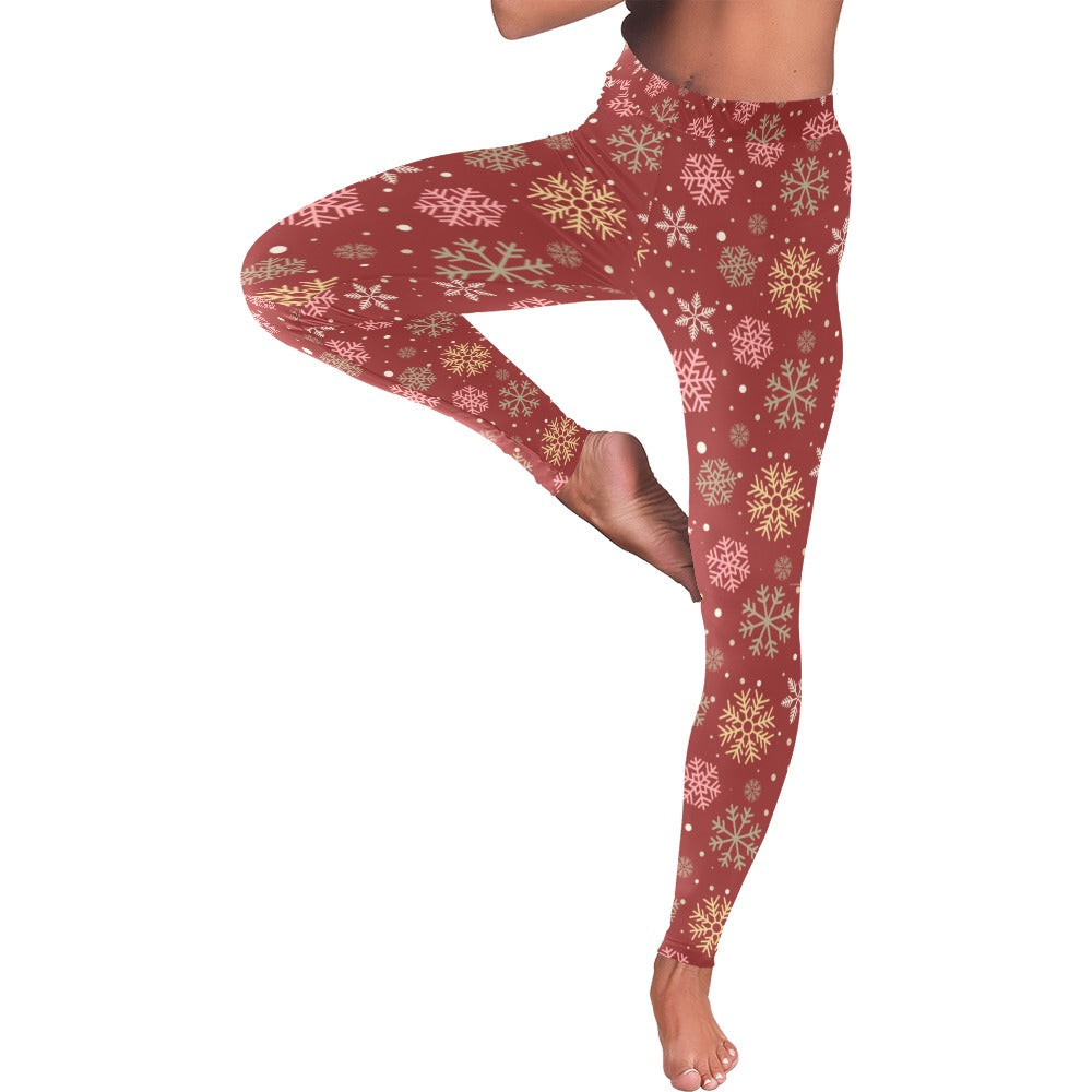 Maroon Snowflakes Christmas Women's All-Over Low Rise Leggings