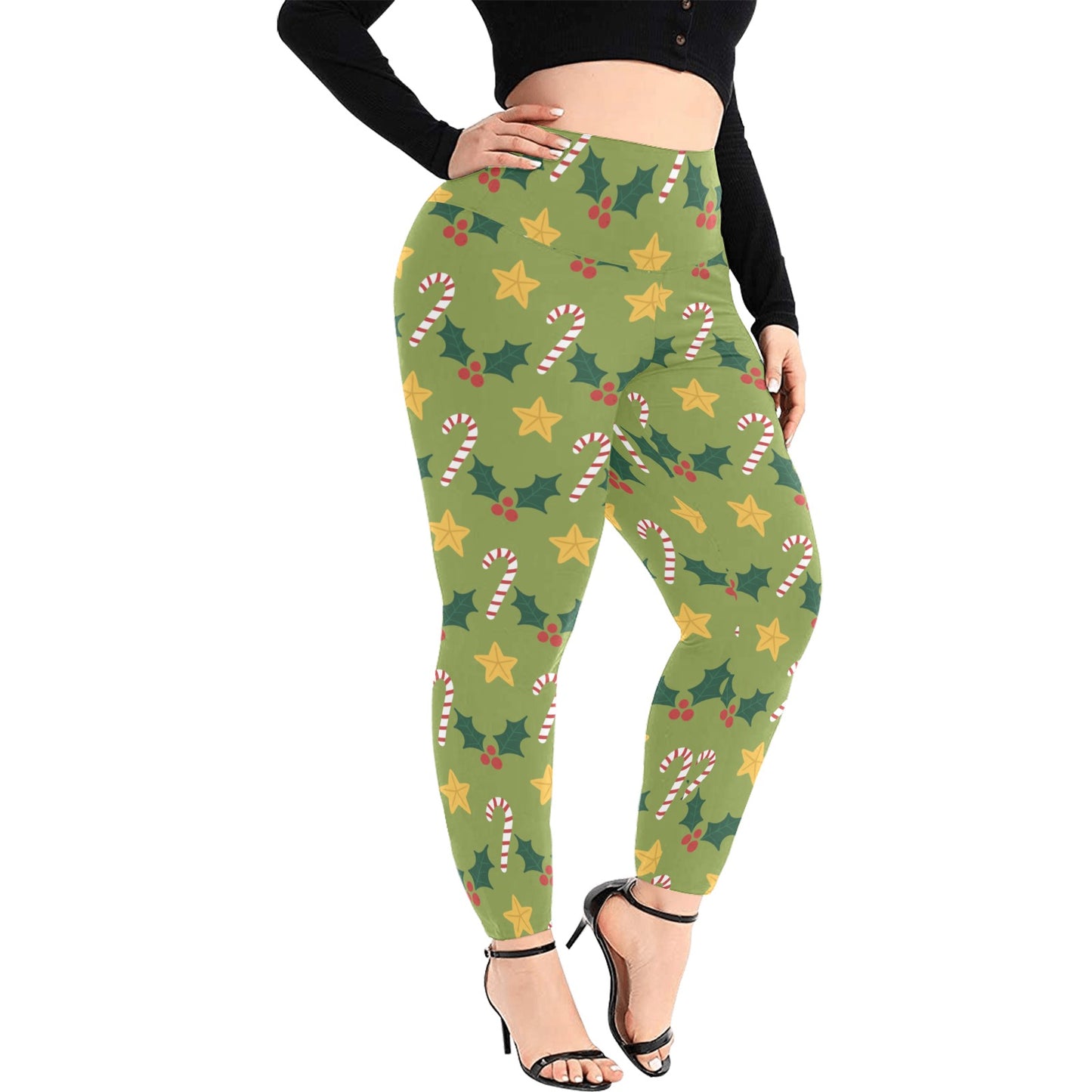 Festive Green Christmas Women's High Waist Leggings (Plus Size)