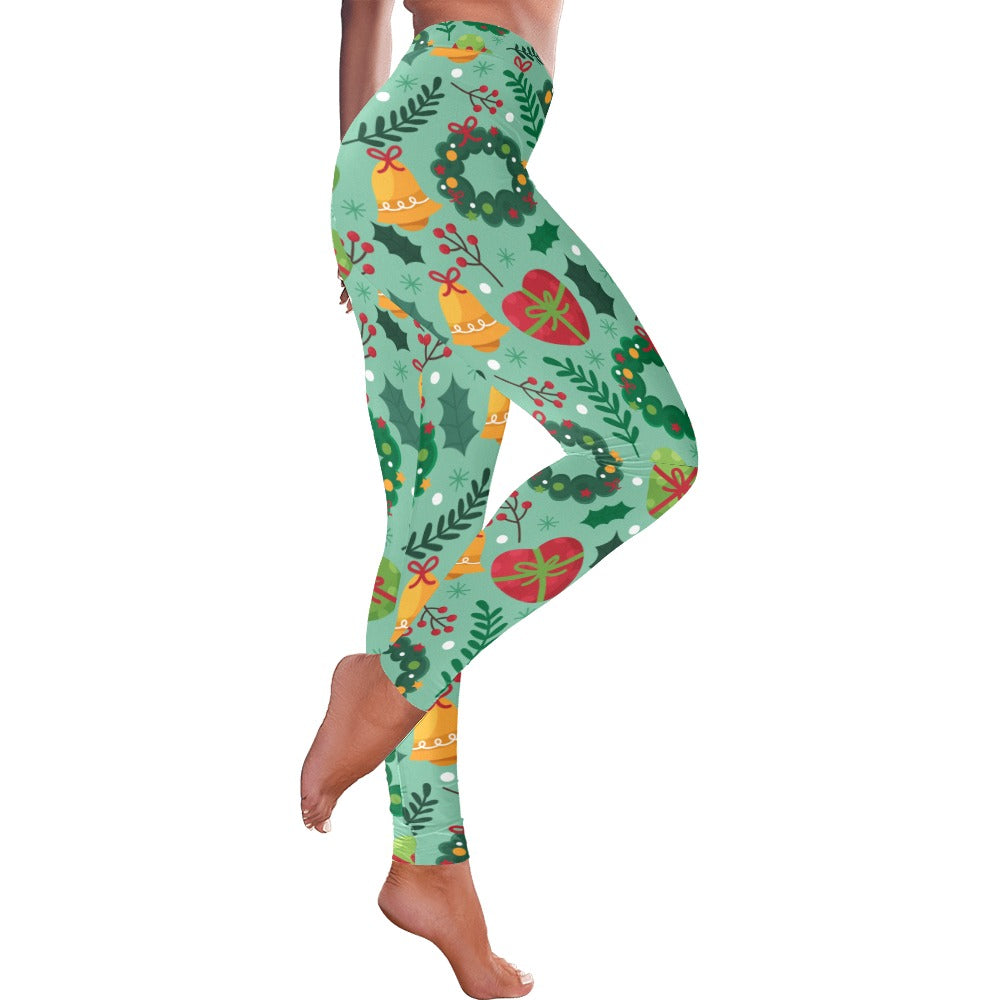 Mint Green Christmas Wreath & Bell Women's Leggings