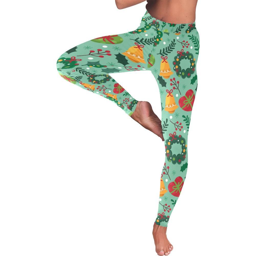 Mint Green Christmas Wreath & Bell Women's Leggings