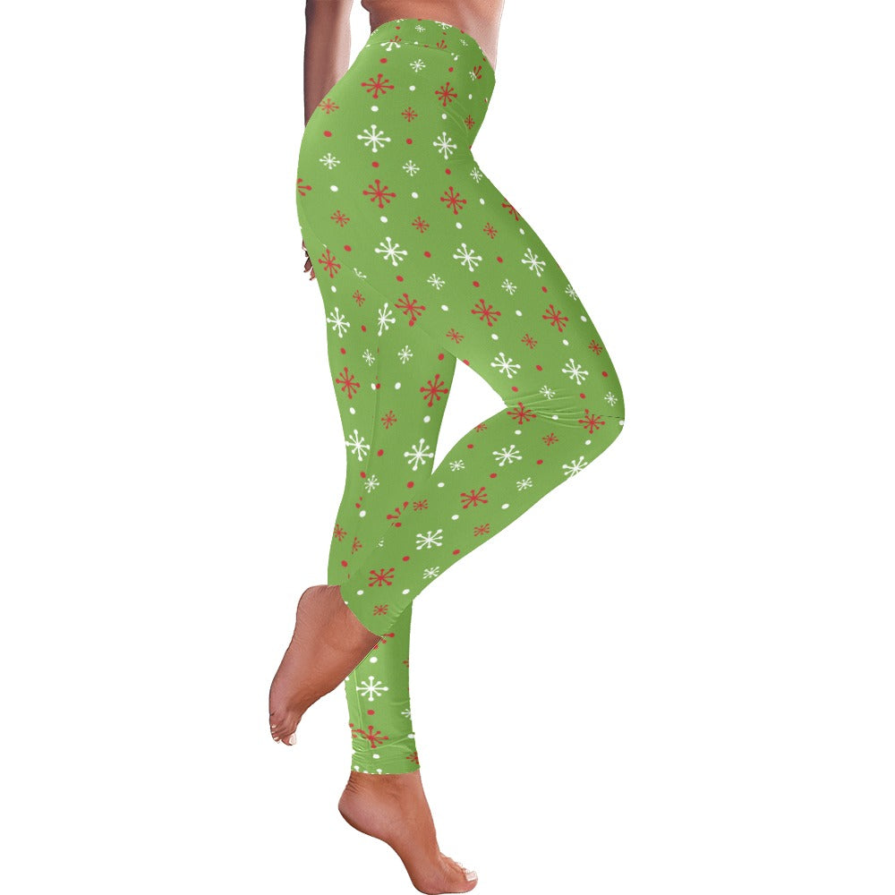 Festive Green Christmas Stars Women's All-Over Low Rise Leggings