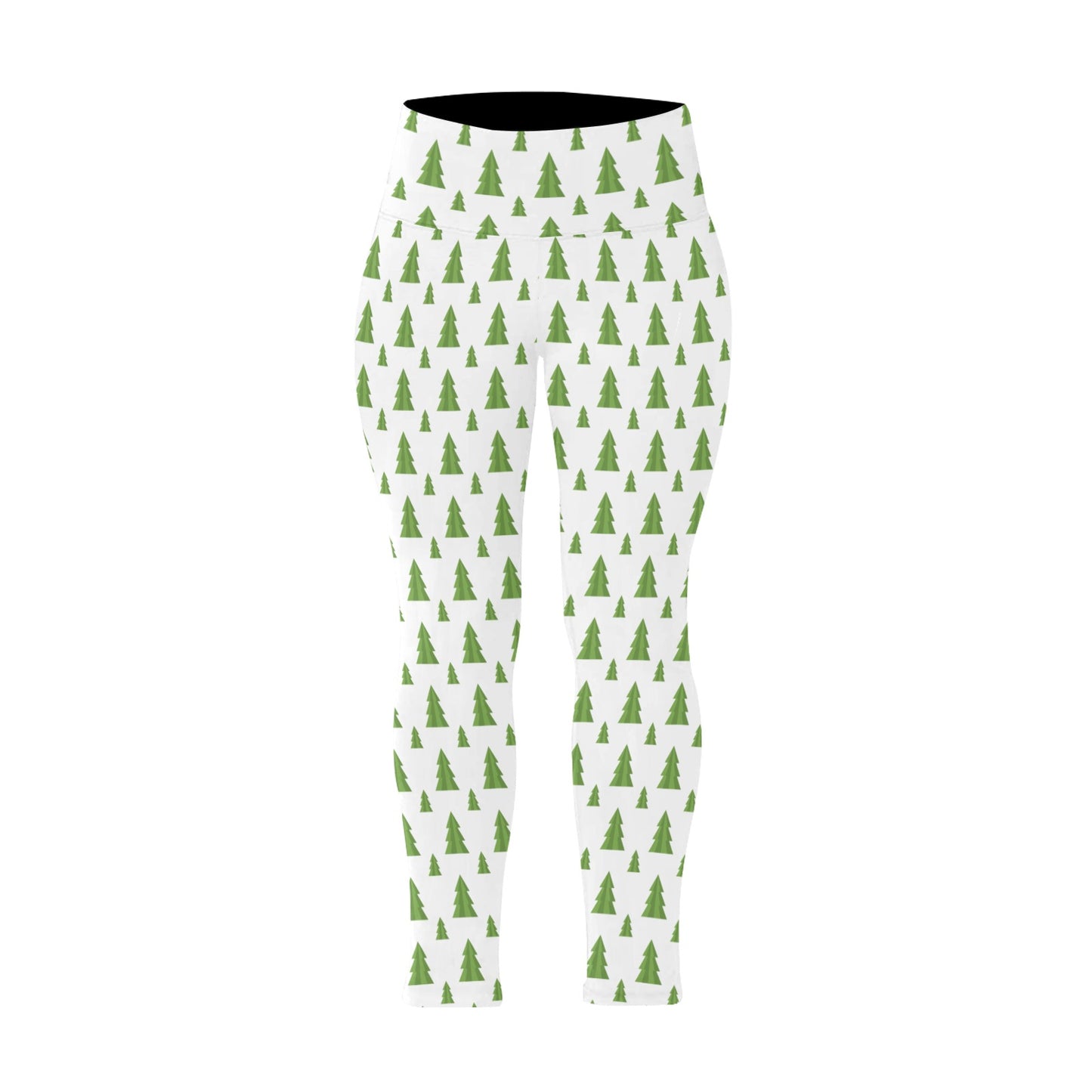 Festive White Green Christmas Trees High Waist Leggings (Plus Size)