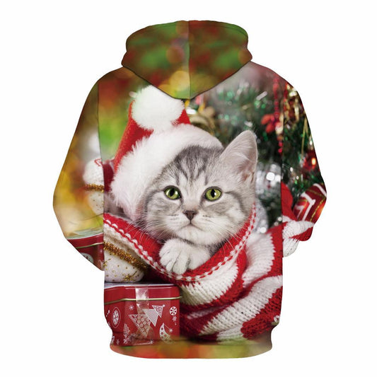 Cute Cat Print Christmas Hoodie for Men and Women