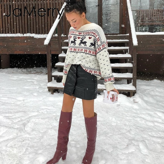 Chic Vintage Christmas Sweater for Women - Deer Print Knitted Pullover